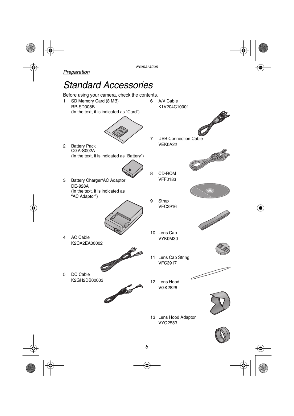 Standard accessories | Panasonic DMC-FZ1PP User Manual | Page 5 / 108