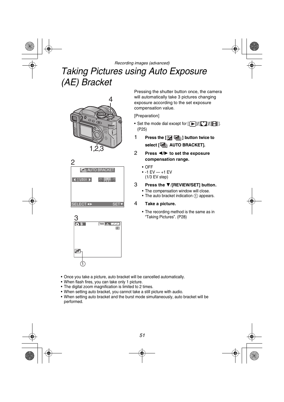 Taking pictures using auto exposure (ae) bracket | Panasonic DMC-FZ1PP User Manual | Page 51 / 108