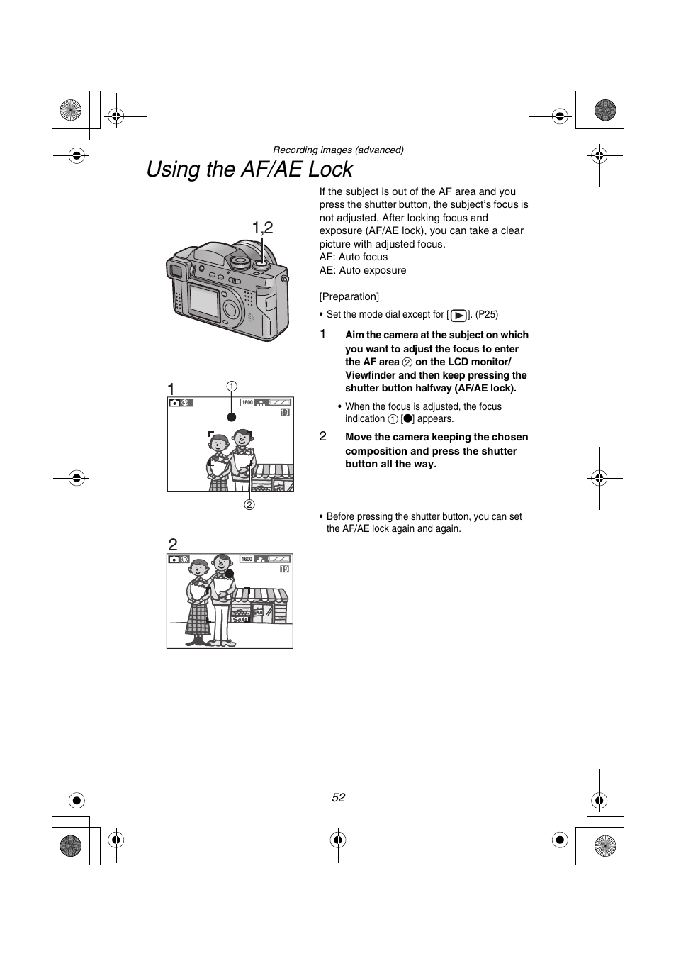 Using the af/ae lock | Panasonic DMC-FZ1PP User Manual | Page 52 / 108