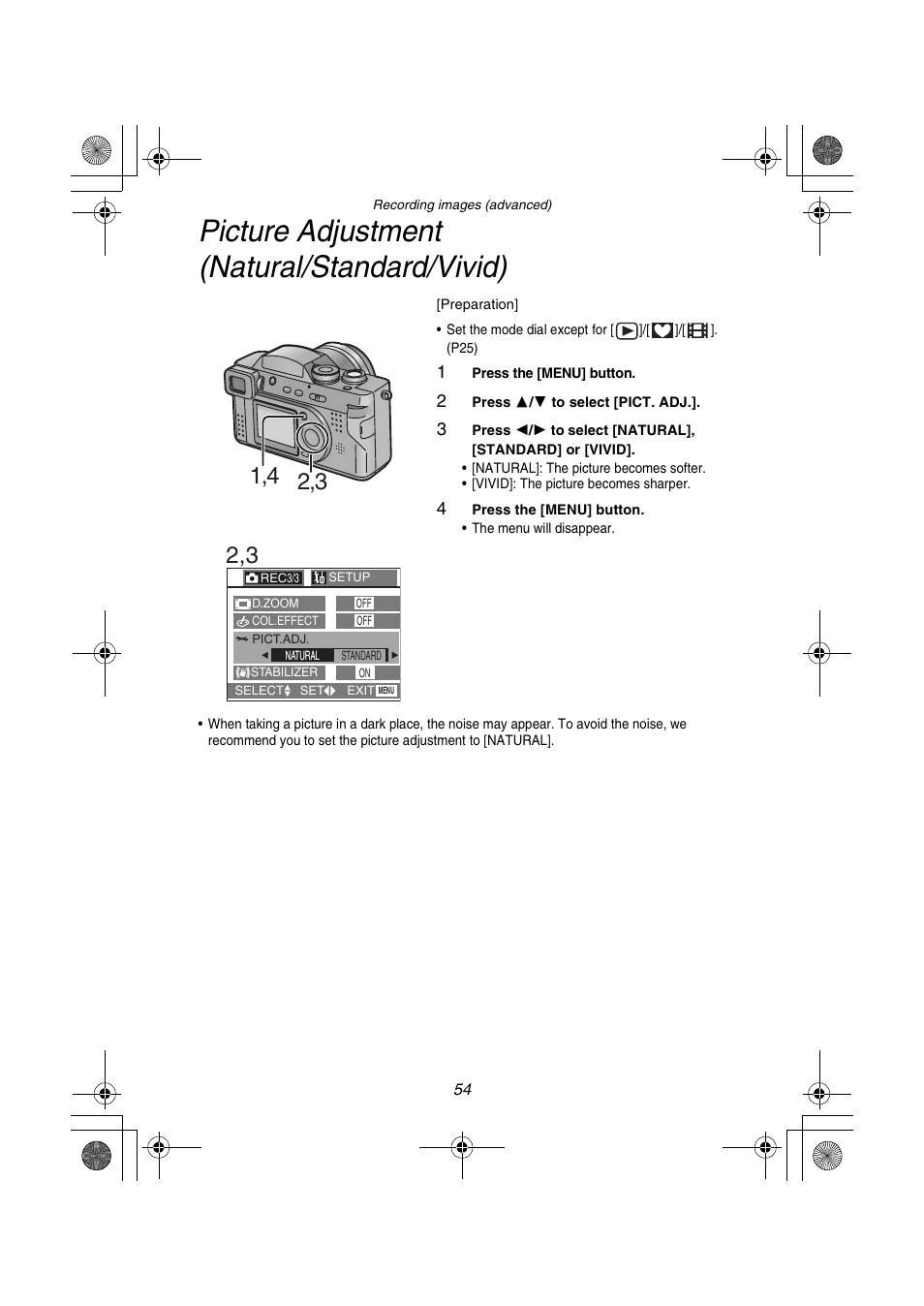 Picture adjustment (natural/standard/vivid) | Panasonic DMC-FZ1PP User Manual | Page 54 / 108