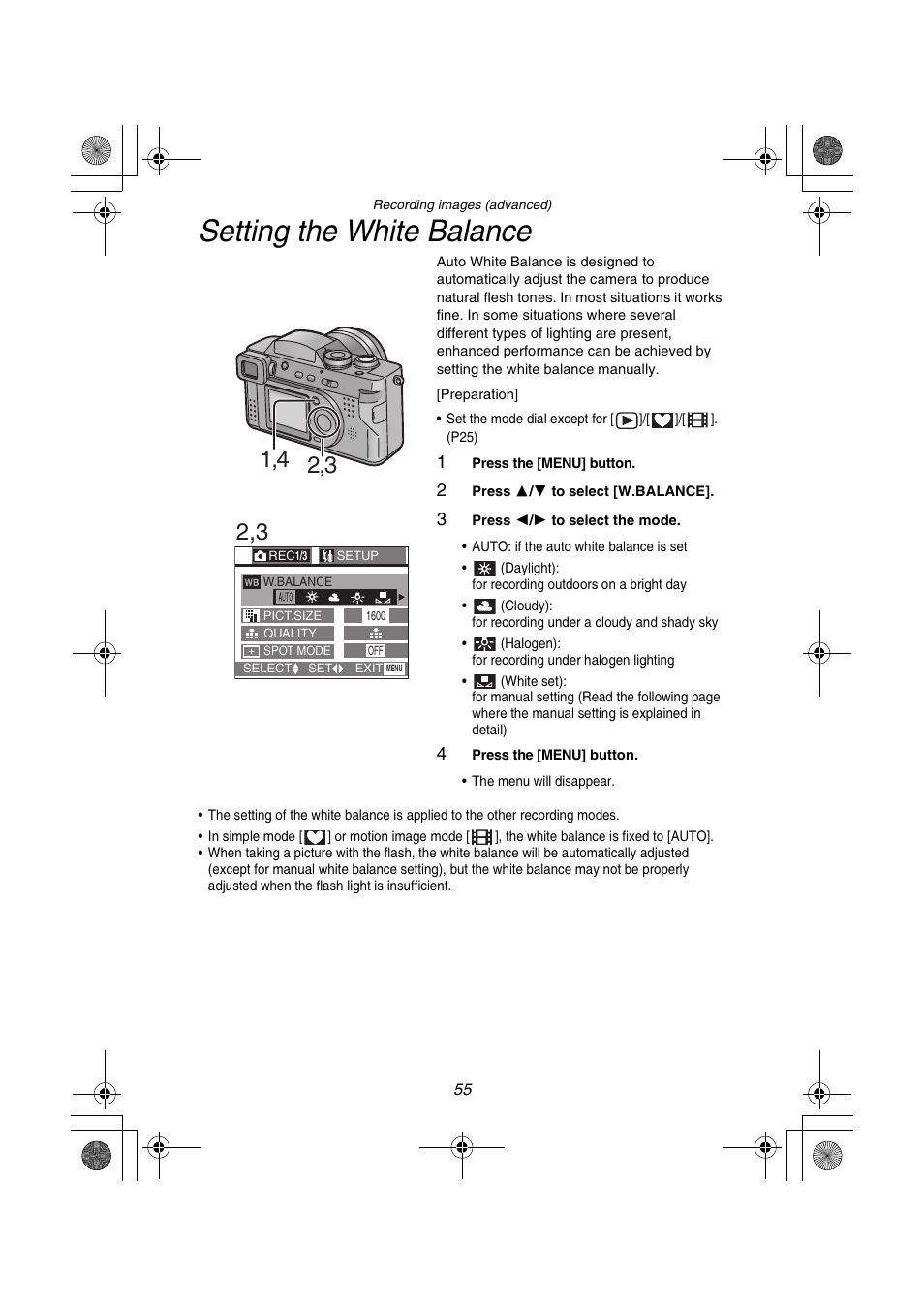 Setting the white balance | Panasonic DMC-FZ1PP User Manual | Page 55 / 108