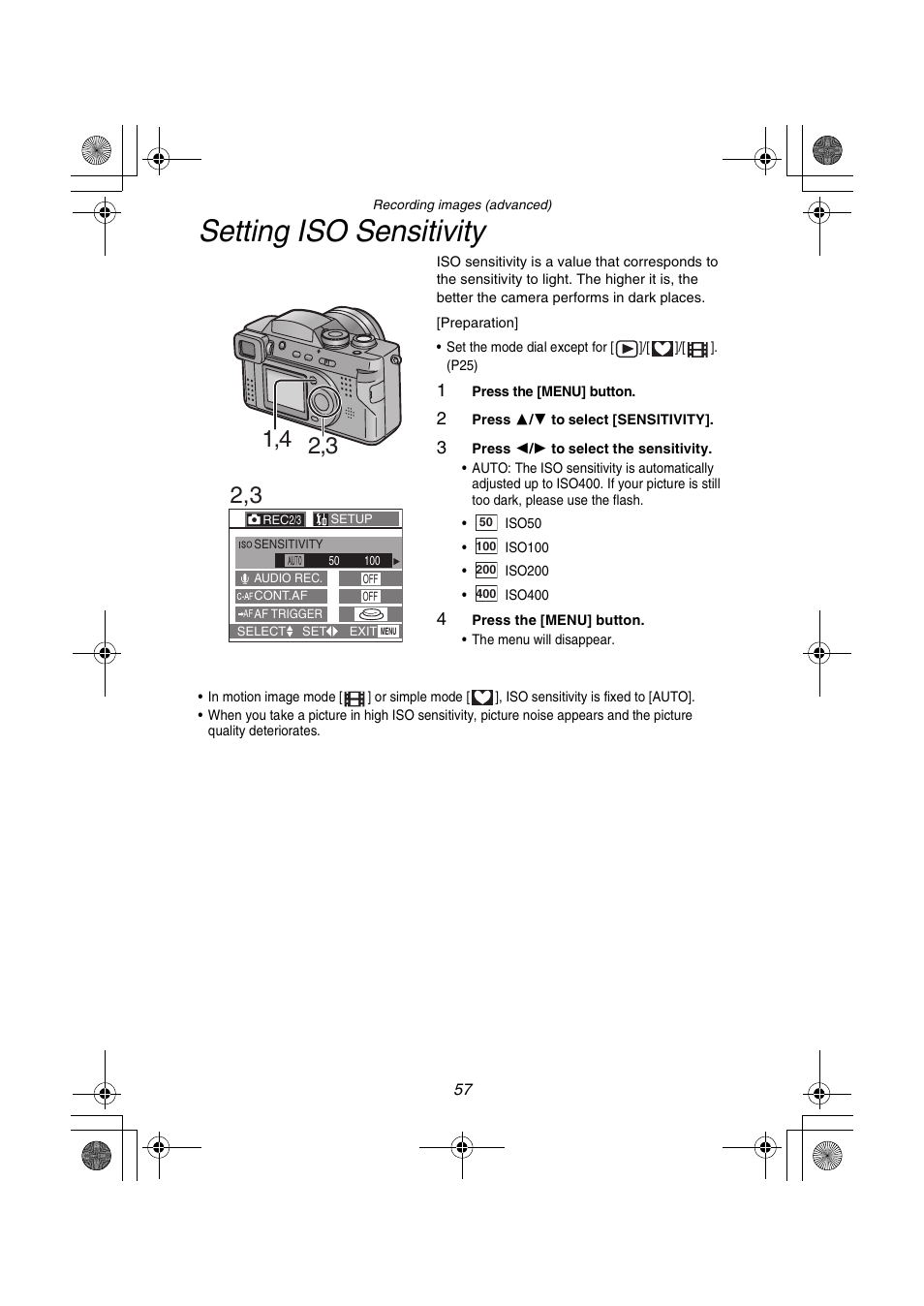 Setting iso sensitivity | Panasonic DMC-FZ1PP User Manual | Page 57 / 108