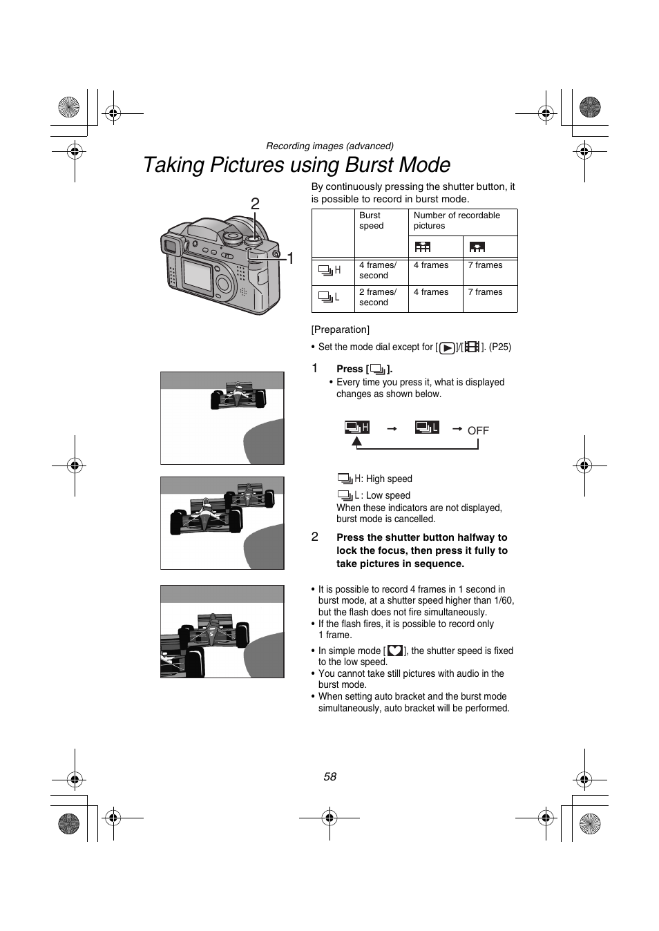 Taking pictures using burst mode | Panasonic DMC-FZ1PP User Manual | Page 58 / 108