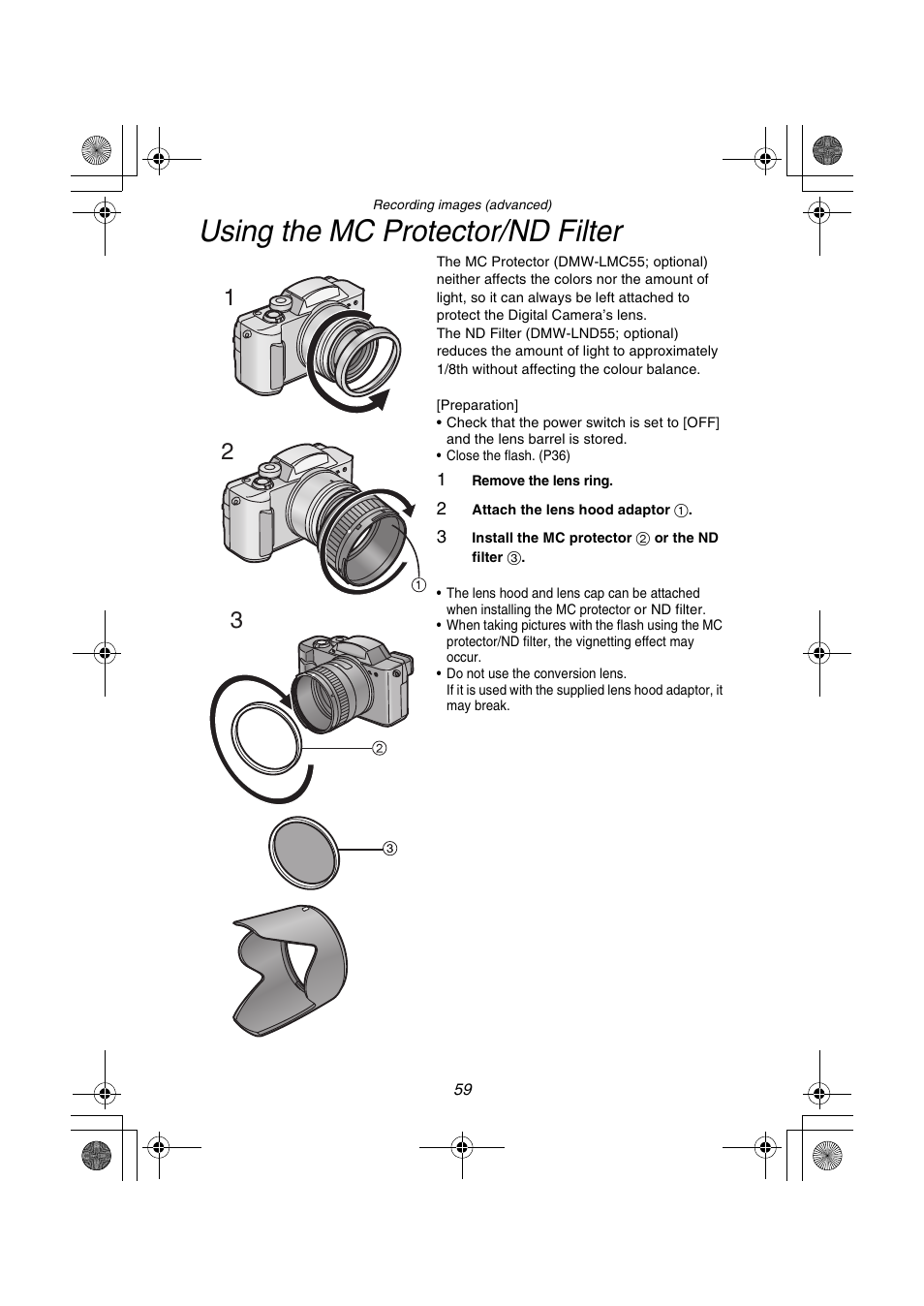 Using the mc protector/nd filter | Panasonic DMC-FZ1PP User Manual | Page 59 / 108