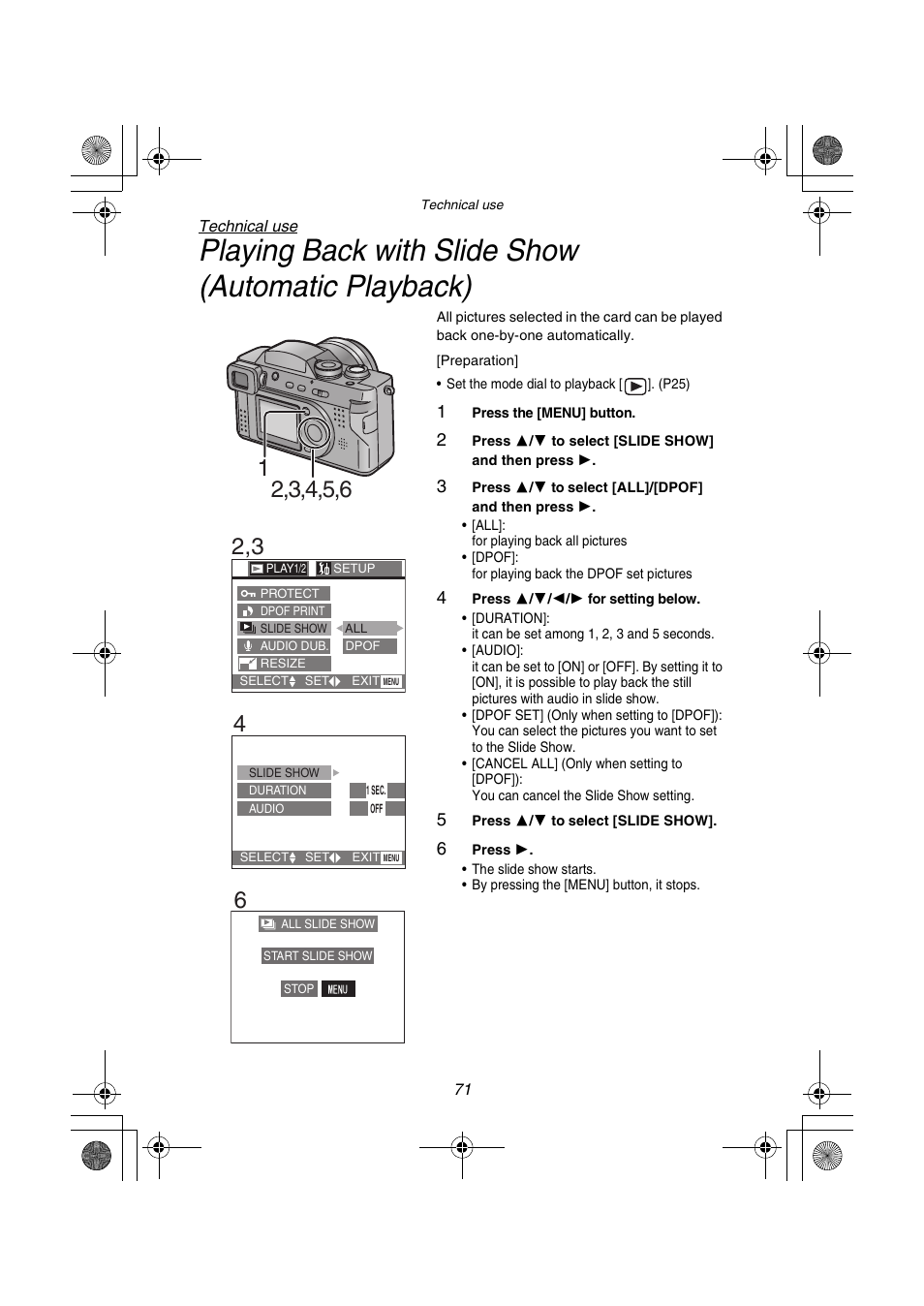 Playing back with slide show (automatic playback) | Panasonic DMC-FZ1PP User Manual | Page 71 / 108