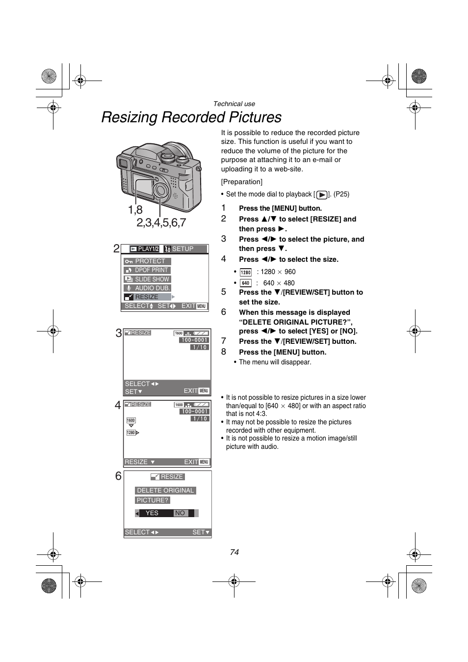 Resizing recorded pictures | Panasonic DMC-FZ1PP User Manual | Page 74 / 108