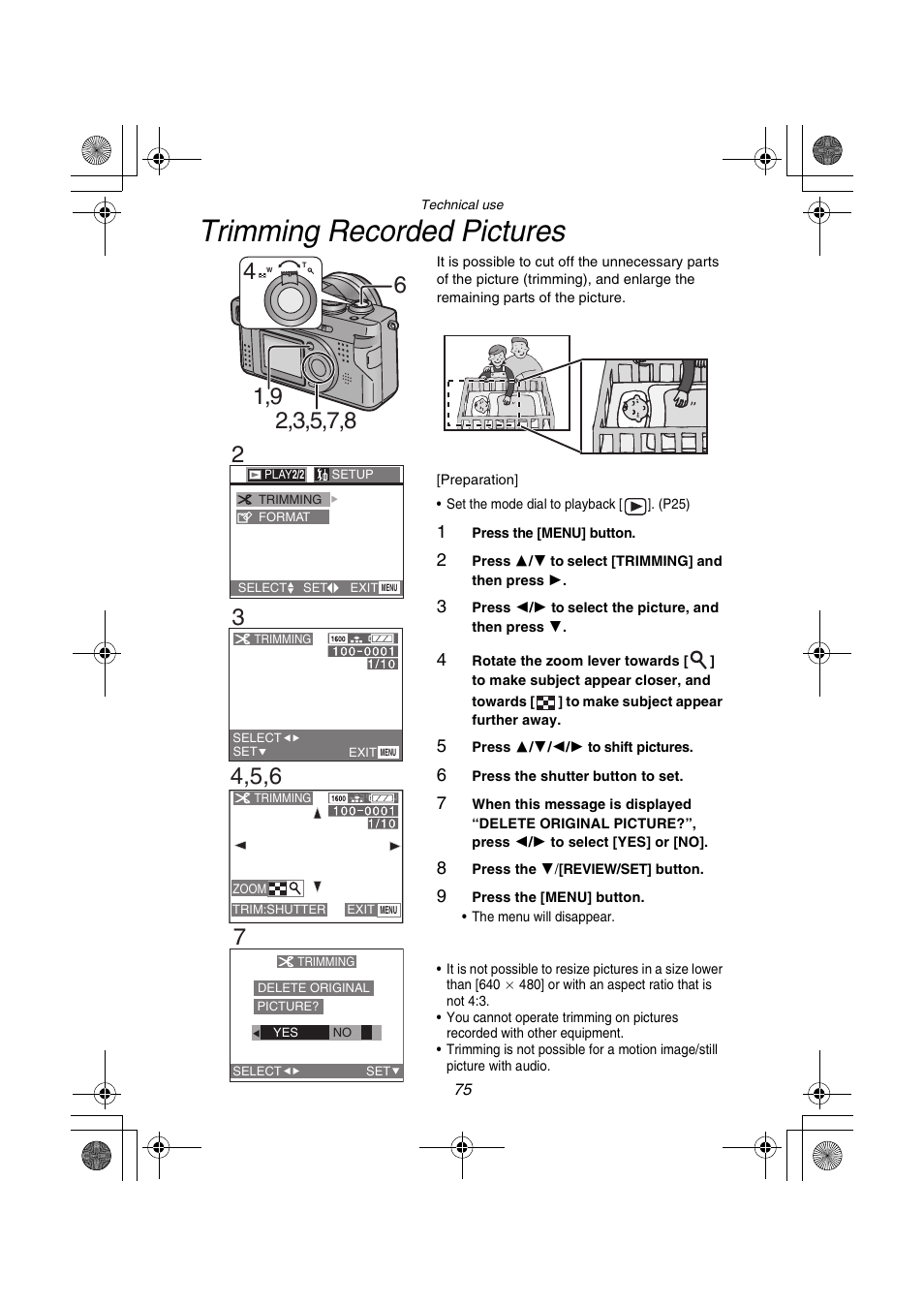 Trimming recorded pictures | Panasonic DMC-FZ1PP User Manual | Page 75 / 108