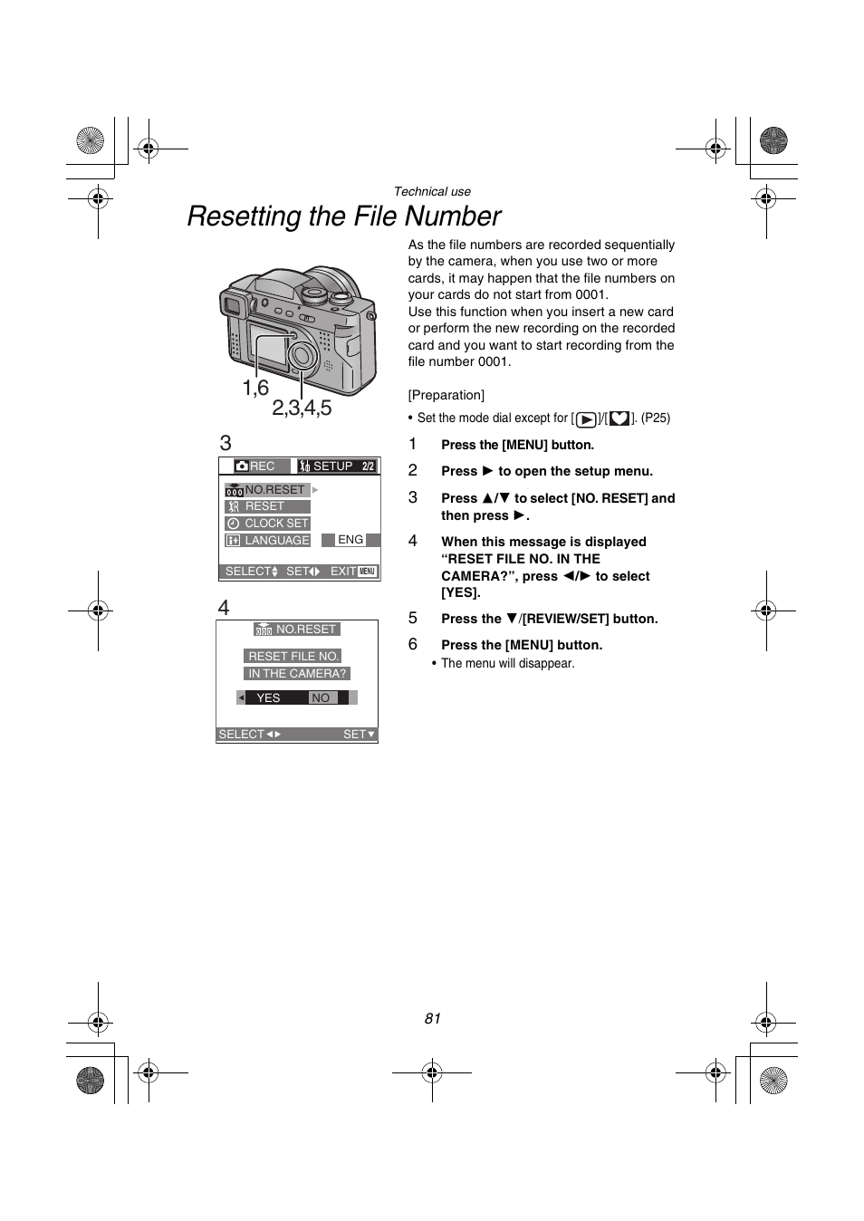 Resetting the file number | Panasonic DMC-FZ1PP User Manual | Page 81 / 108