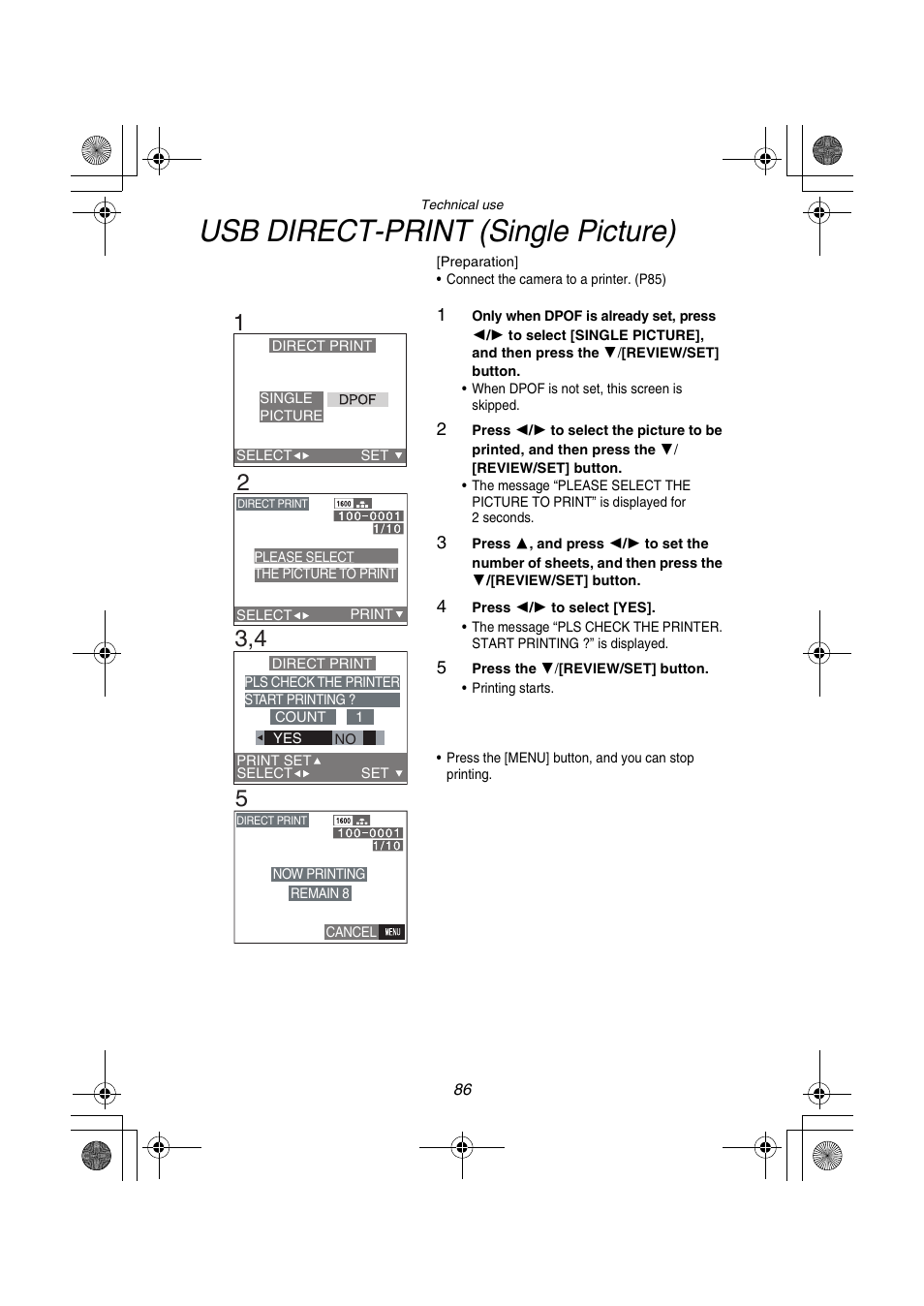 Usb direct-print (single picture) | Panasonic DMC-FZ1PP User Manual | Page 86 / 108