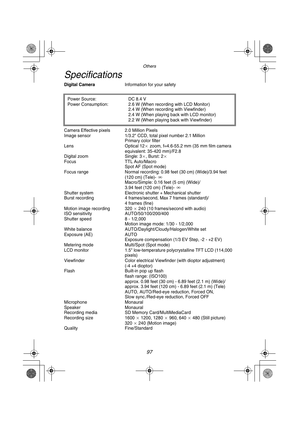 Specifications | Panasonic DMC-FZ1PP User Manual | Page 97 / 108