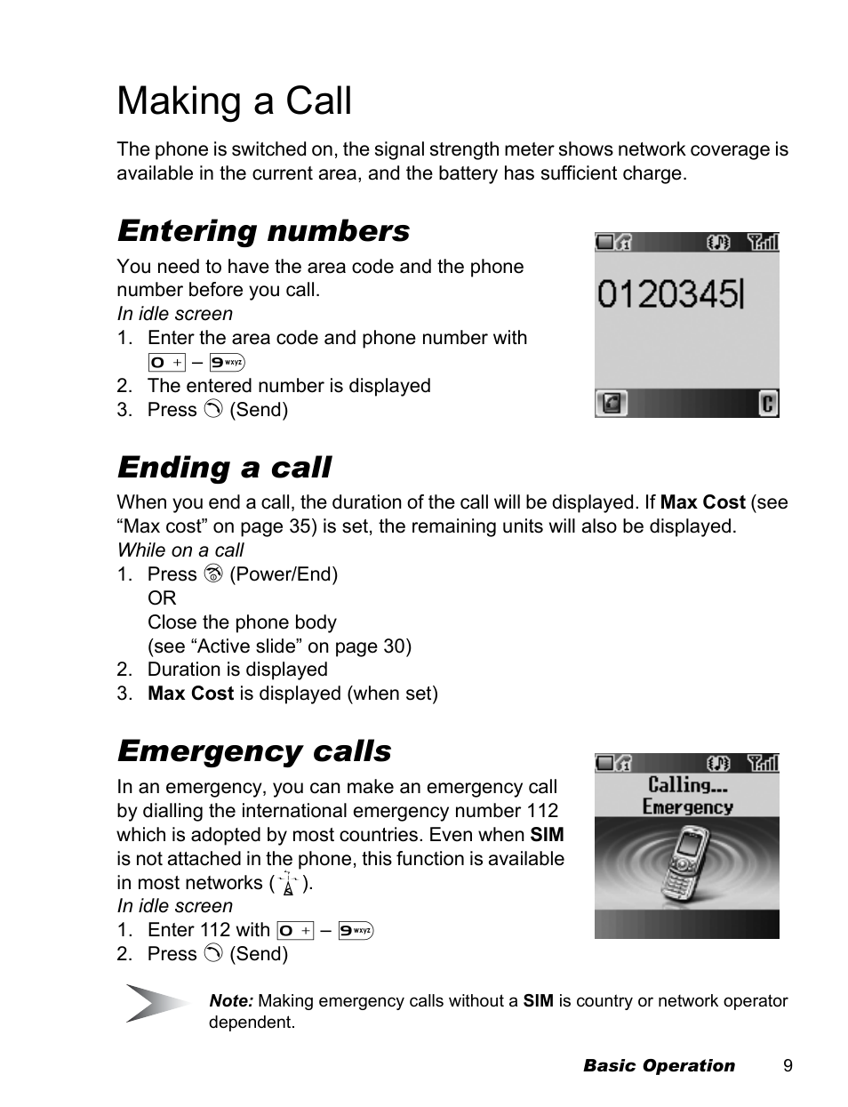 Making a call, Entering numbers, Ending a call | Emergency calls | Panasonic EB-X500 User Manual | Page 12 / 110