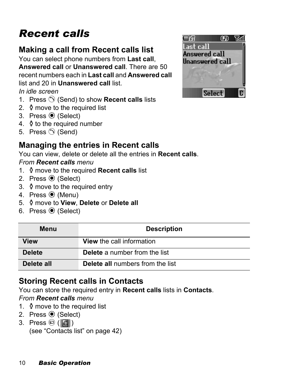 Recent calls, Making a call from recent calls list, Managing the entries in recent calls | Storing recent calls in contacts | Panasonic EB-X500 User Manual | Page 13 / 110