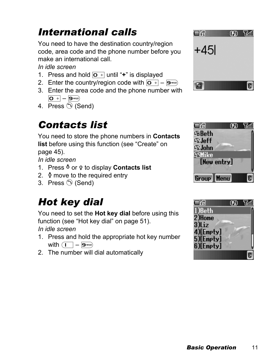 International calls, Contacts list, Hot key dial | Panasonic EB-X500 User Manual | Page 14 / 110