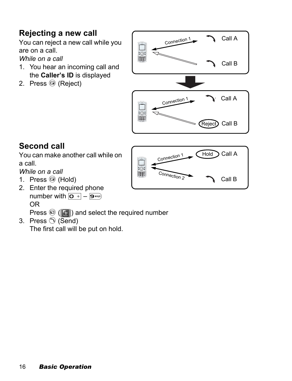 Rejecting a new call, Second call | Panasonic EB-X500 User Manual | Page 19 / 110