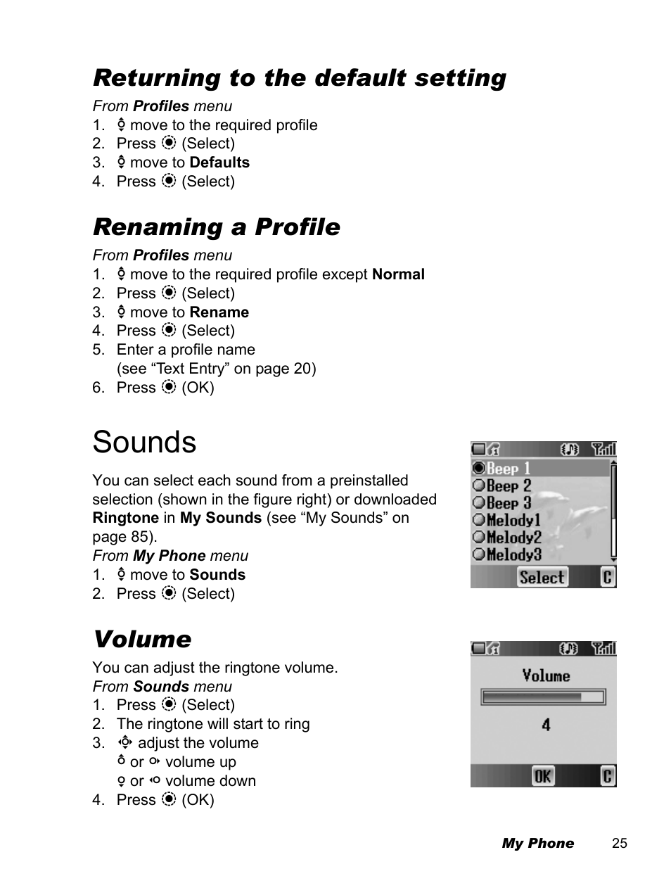 Sounds, Returning to the default setting, Renaming a profile | Volume | Panasonic EB-X500 User Manual | Page 28 / 110