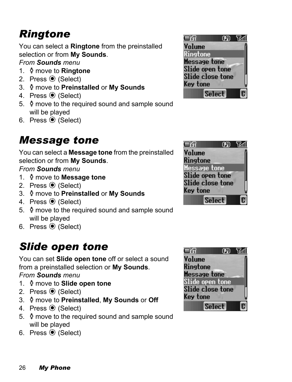 Ringtone, Message tone, Slide open tone | Panasonic EB-X500 User Manual | Page 29 / 110