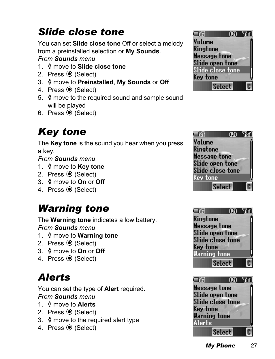 Slide close tone, Key tone, Warning tone | Alerts | Panasonic EB-X500 User Manual | Page 30 / 110