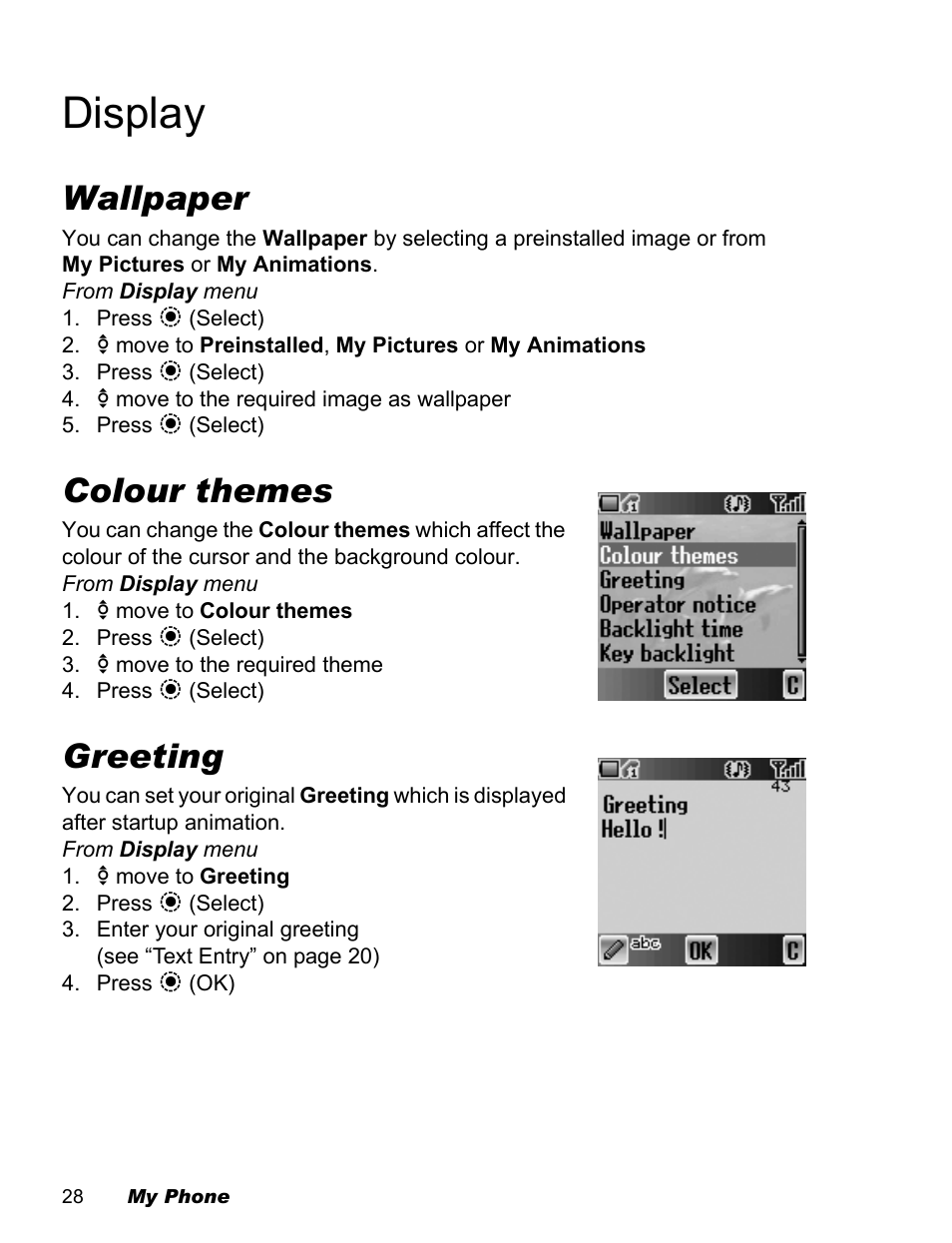 Display, Wallpaper, Colour themes | Greeting | Panasonic EB-X500 User Manual | Page 31 / 110