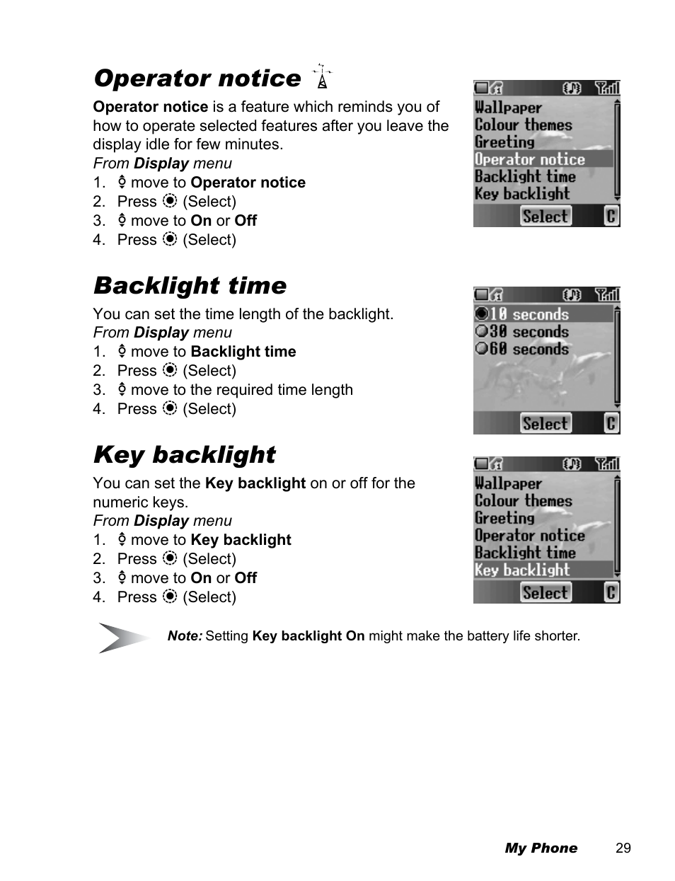 Operator notice, Backlight time, Key backlight | Panasonic EB-X500 User Manual | Page 32 / 110