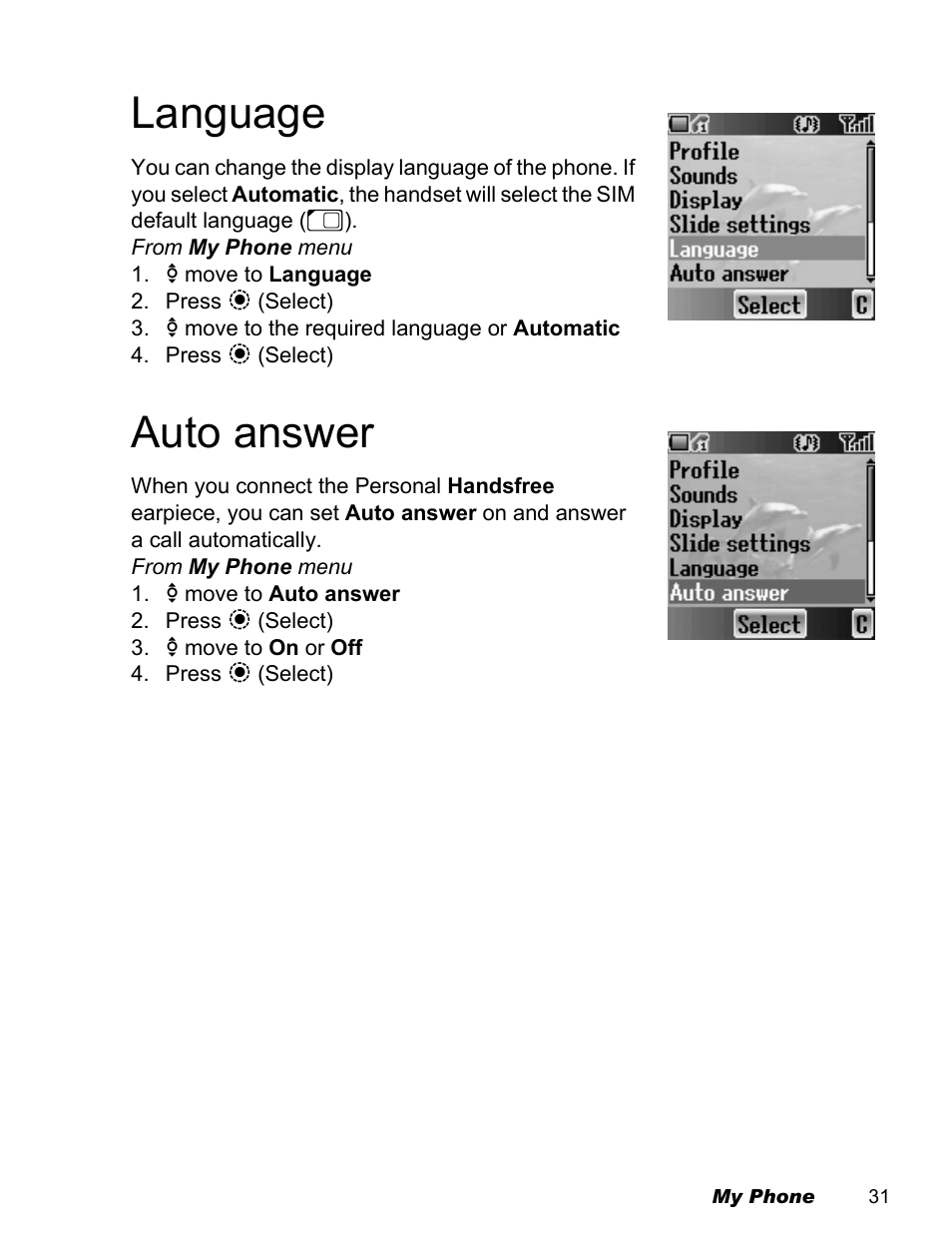 Language, Auto answer | Panasonic EB-X500 User Manual | Page 34 / 110