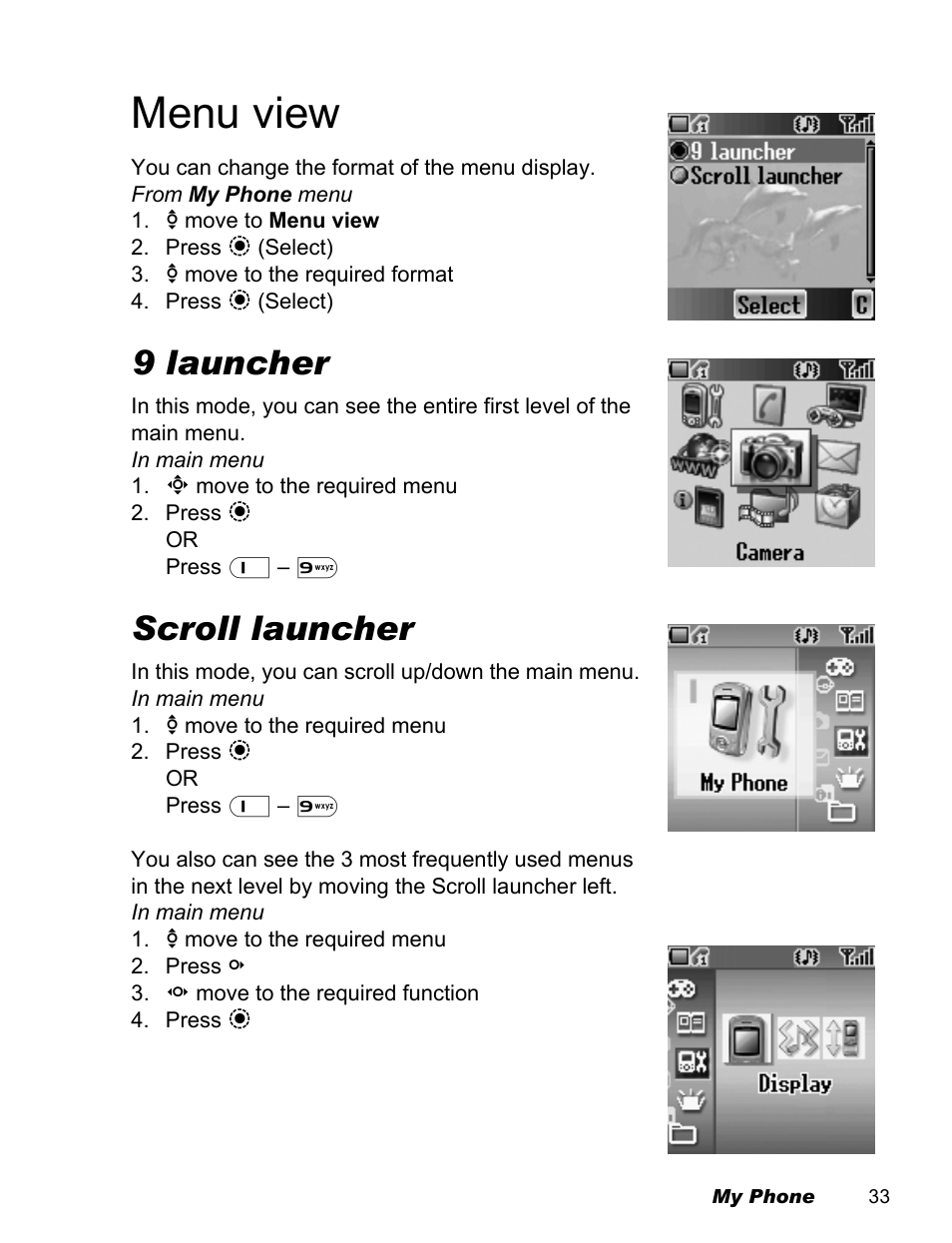 Menu view, 9 launcher, Scroll launcher | Panasonic EB-X500 User Manual | Page 36 / 110