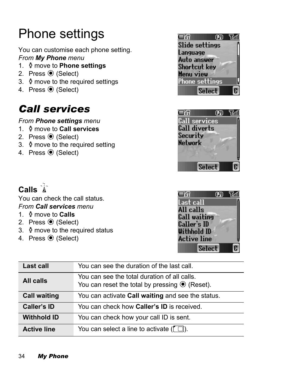 Phone settings, Call services, Calls | Panasonic EB-X500 User Manual | Page 37 / 110
