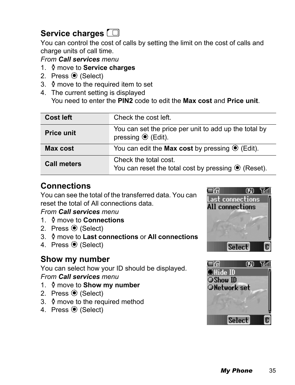 Service charges, Connections, Show my number | Panasonic EB-X500 User Manual | Page 38 / 110