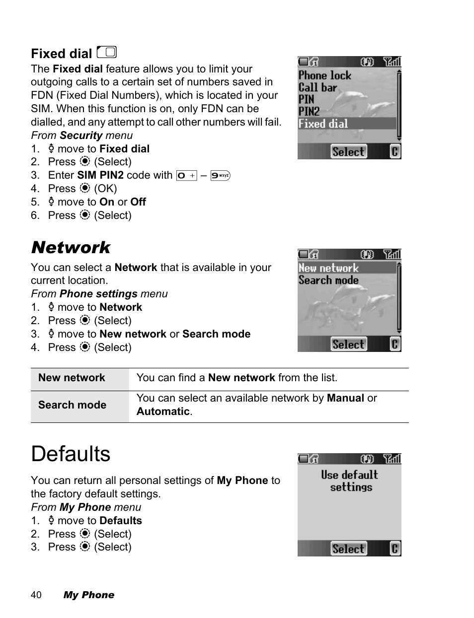 Defaults, Network | Panasonic EB-X500 User Manual | Page 43 / 110