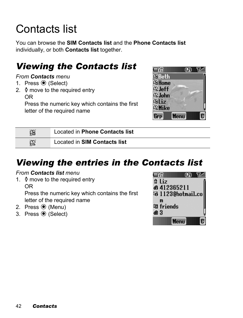 Contacts list, Viewing the contacts list, Viewing the entries in the contacts list | Panasonic EB-X500 User Manual | Page 45 / 110