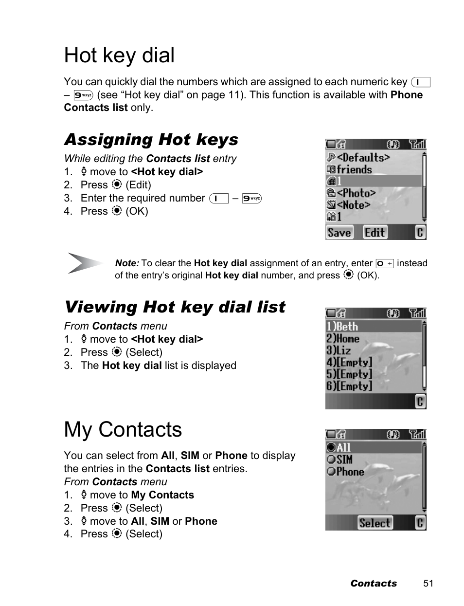 Hot key dial, My contacts, Assigning hot keys | Viewing hot key dial list | Panasonic EB-X500 User Manual | Page 54 / 110