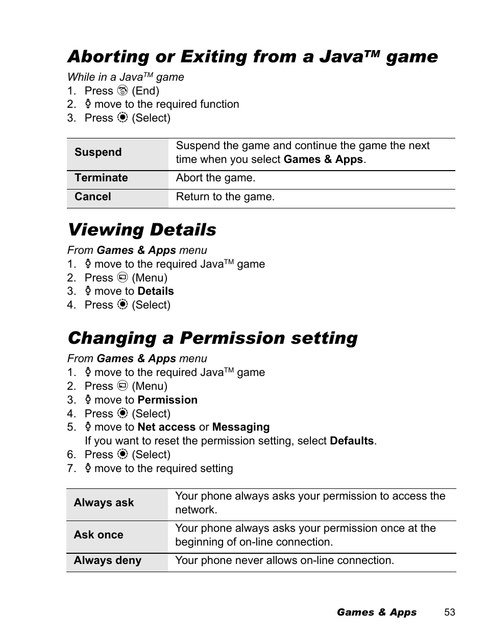 Aborting or exiting from a java, Game, Viewing details | Changing a permission setting | Panasonic EB-X500 User Manual | Page 56 / 110