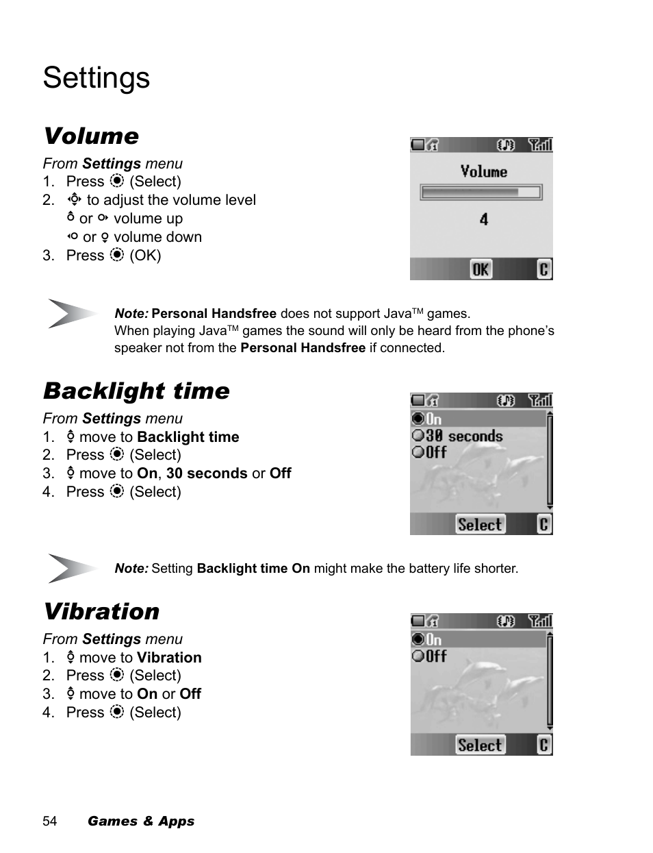 Settings, Volume, Backlight time | Vibration | Panasonic EB-X500 User Manual | Page 57 / 110