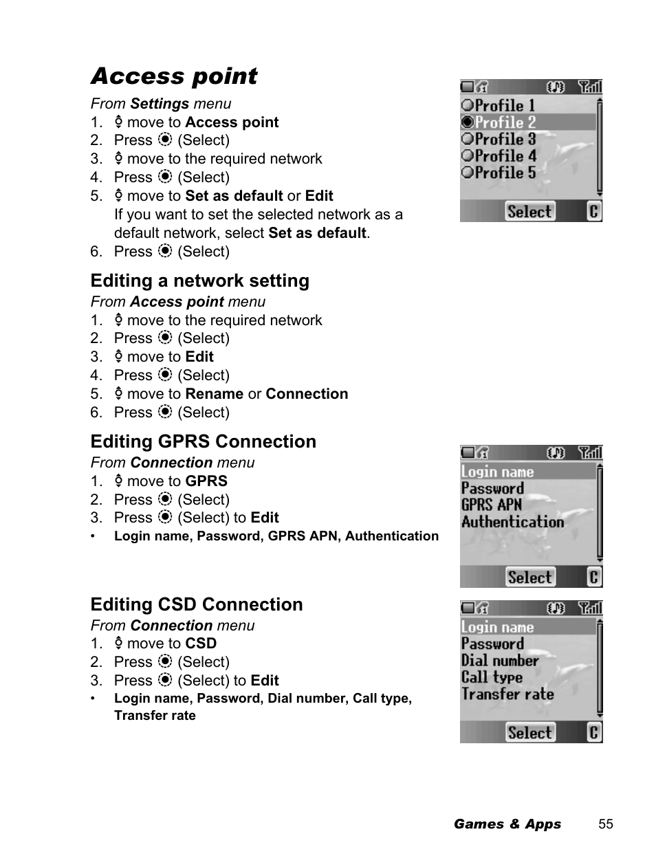 Access point, Editing a network setting, Editing gprs connection | Editing csd connection | Panasonic EB-X500 User Manual | Page 58 / 110