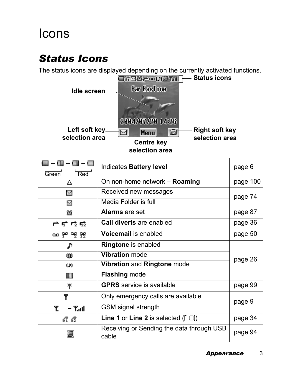 Icons, Status icons | Panasonic EB-X500 User Manual | Page 6 / 110