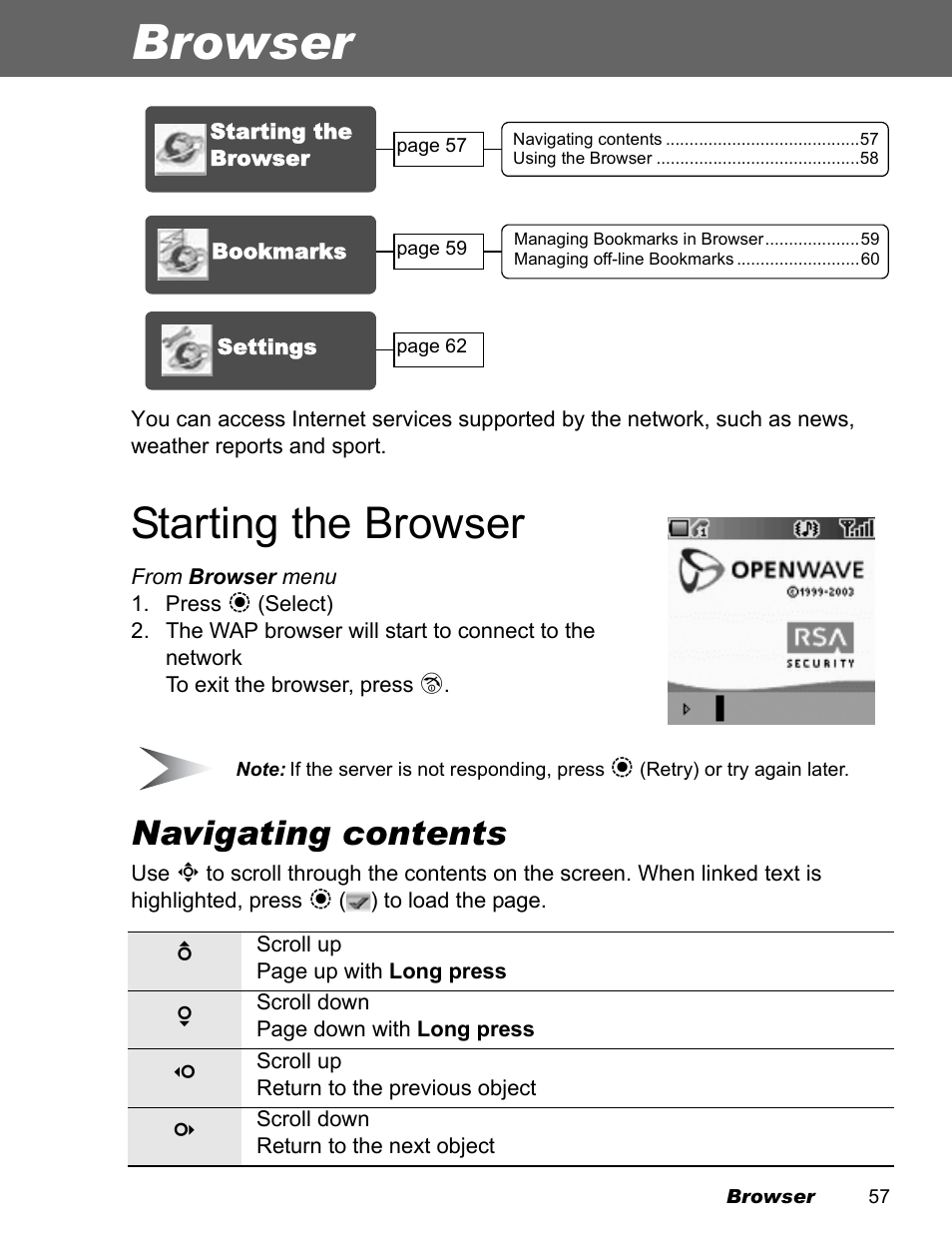 Browser, Starting the browser, Navigating contents | Panasonic EB-X500 User Manual | Page 60 / 110