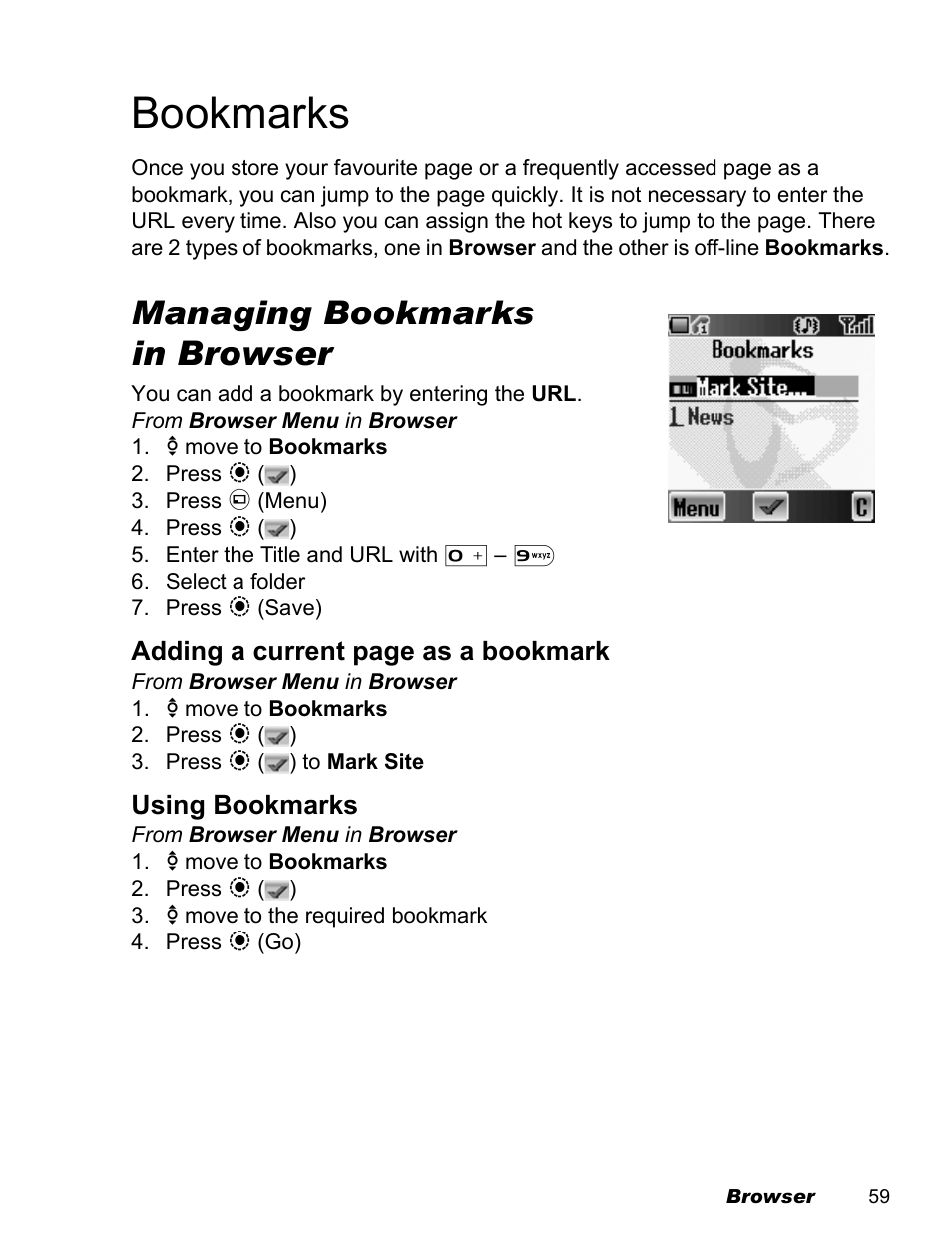 Bookmarks, Managing bookmarks in browser | Panasonic EB-X500 User Manual | Page 62 / 110