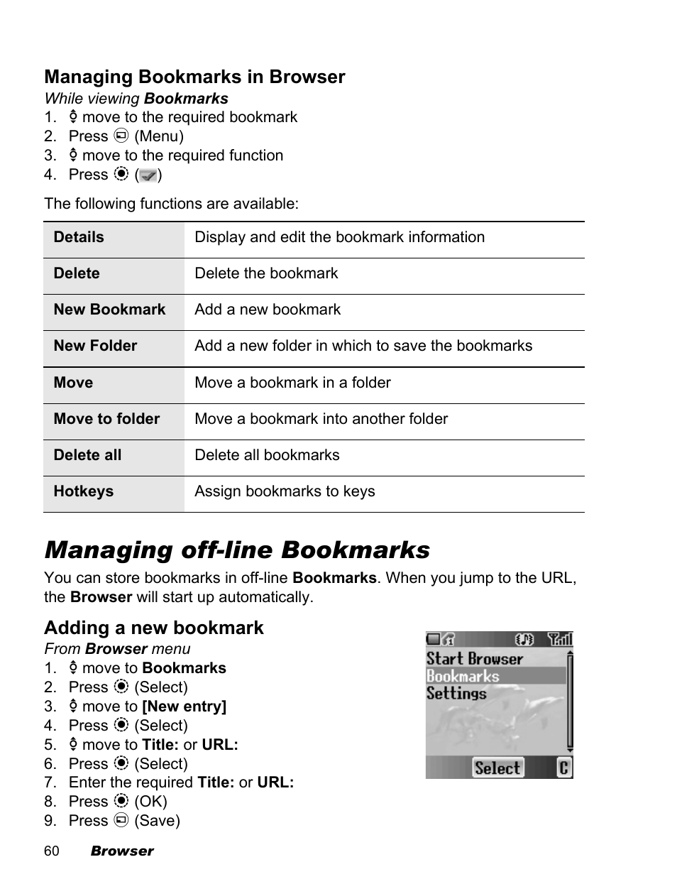 Managing off-line bookmarks, Managing bookmarks in browser, Adding a new bookmark | Panasonic EB-X500 User Manual | Page 63 / 110