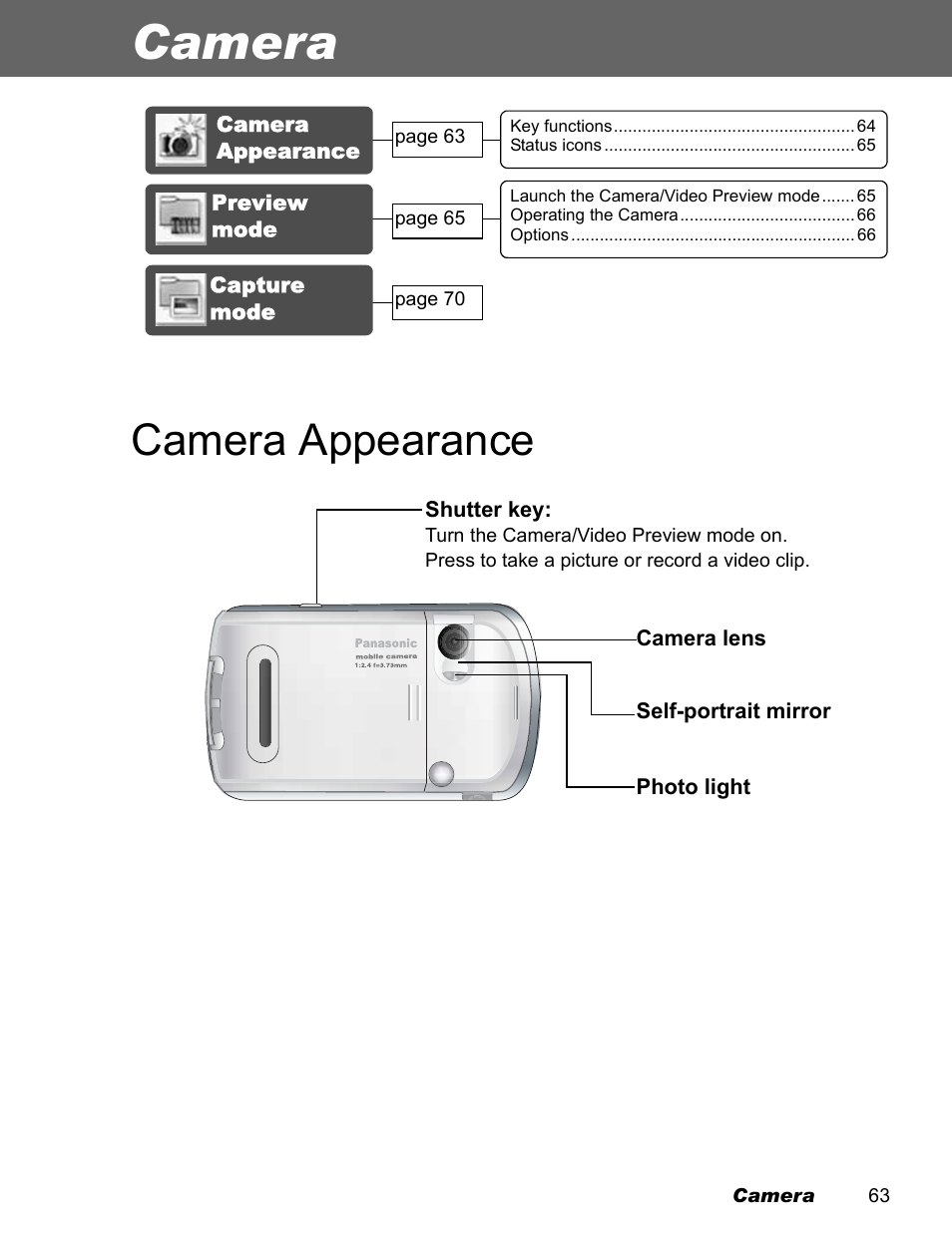 Camera, Camera appearance | Panasonic EB-X500 User Manual | Page 66 / 110