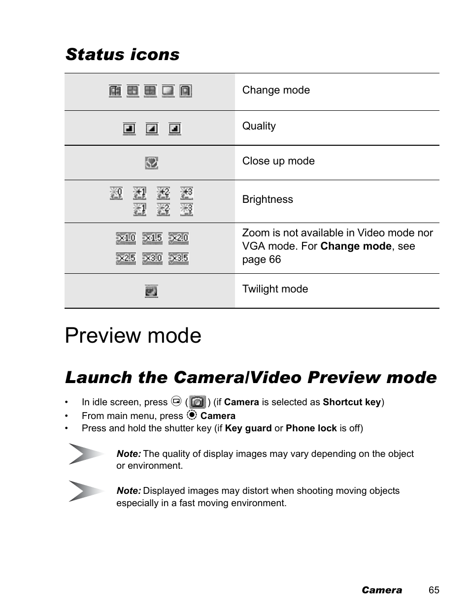 Preview mode, Status icons, Launch the camera/video preview mode | Panasonic EB-X500 User Manual | Page 68 / 110