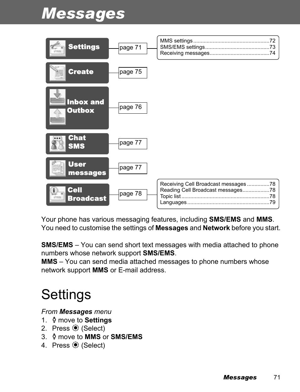 Messages, Settings | Panasonic EB-X500 User Manual | Page 74 / 110
