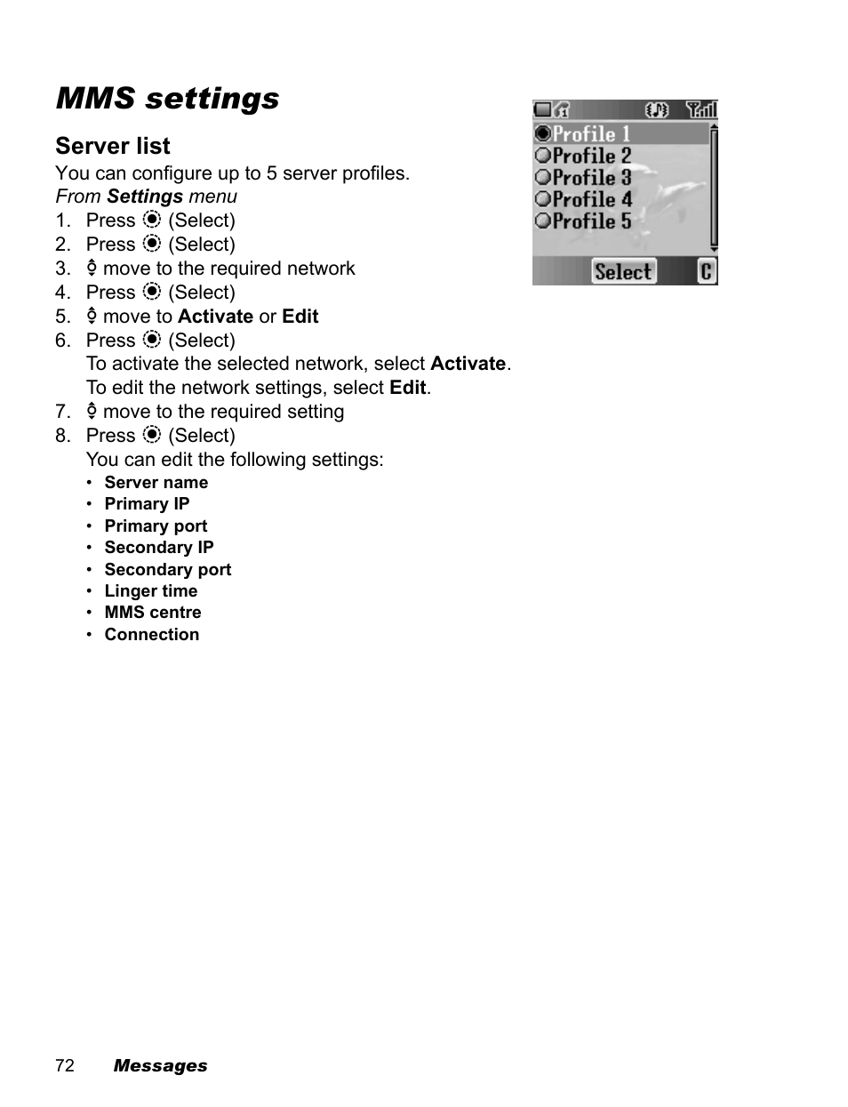 Mms settings, Server list | Panasonic EB-X500 User Manual | Page 75 / 110