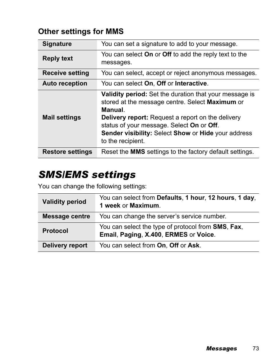 Sms/ems settings, Other settings for mms | Panasonic EB-X500 User Manual | Page 76 / 110