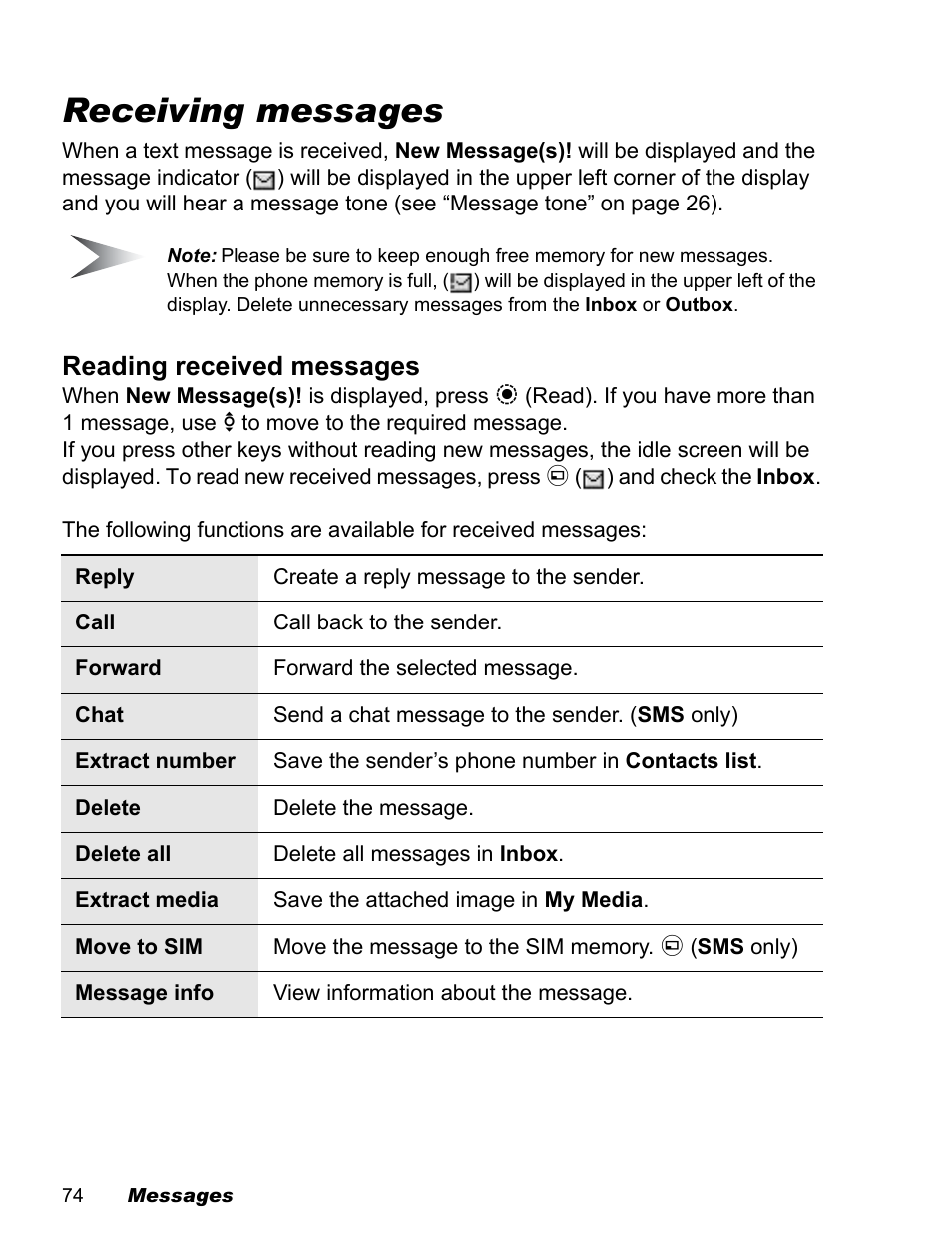 Receiving messages, Reading received messages | Panasonic EB-X500 User Manual | Page 77 / 110