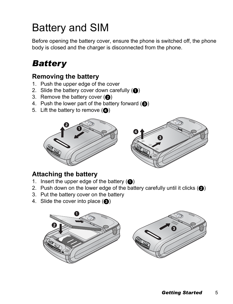 Battery and sim, Battery | Panasonic EB-X500 User Manual | Page 8 / 110