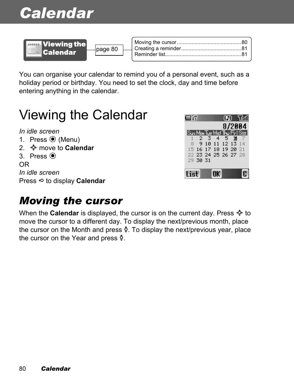 Calendar, Viewing the calendar, Moving the cursor | Panasonic EB-X500 User Manual | Page 83 / 110