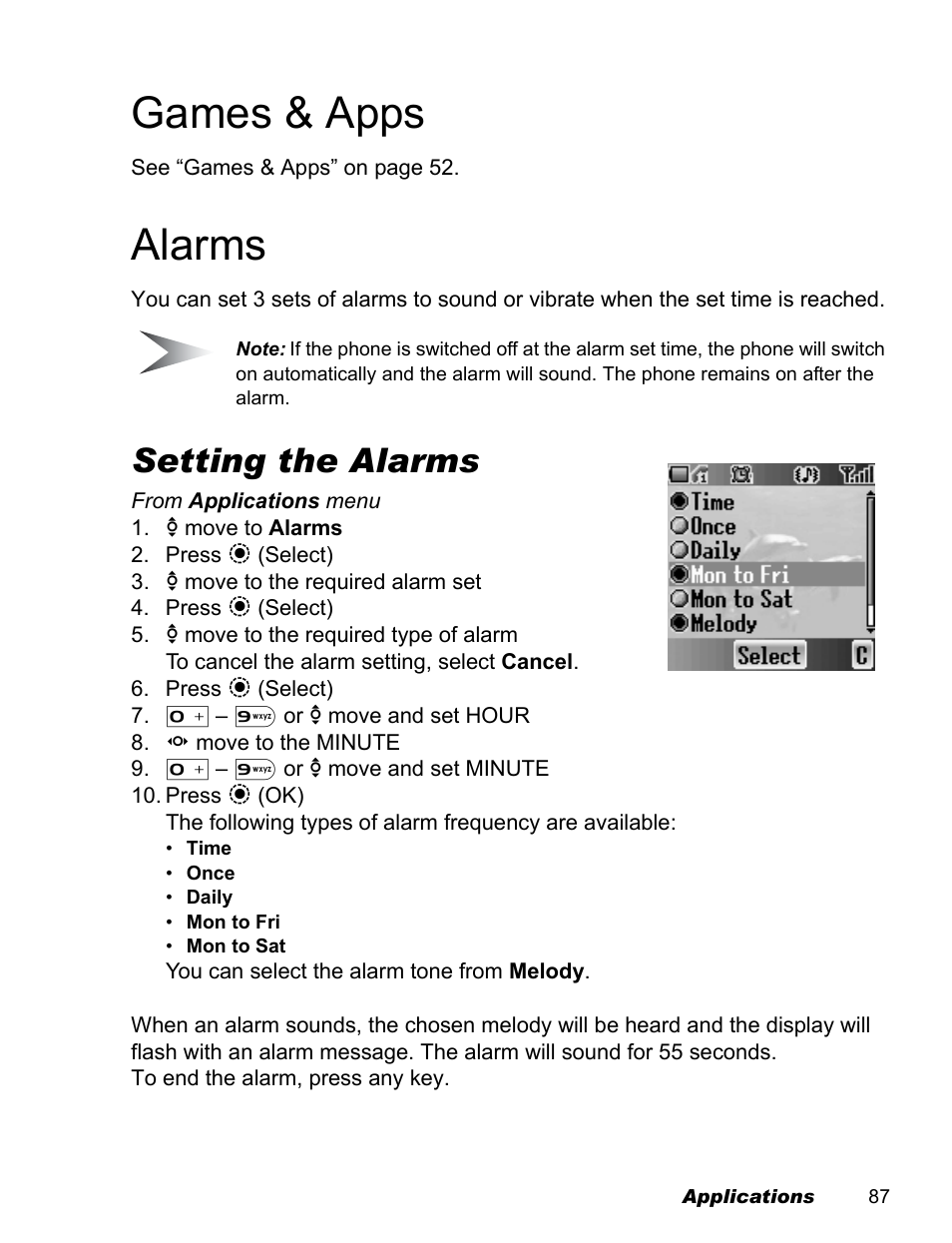 Games & apps, Alarms, Setting the alarms | Panasonic EB-X500 User Manual | Page 90 / 110