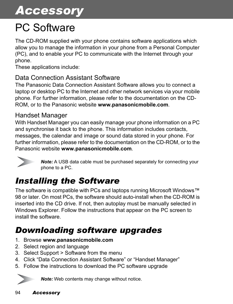 Accessory, Pc software, Installing the software | Downloading software upgrades | Panasonic EB-X500 User Manual | Page 97 / 110
