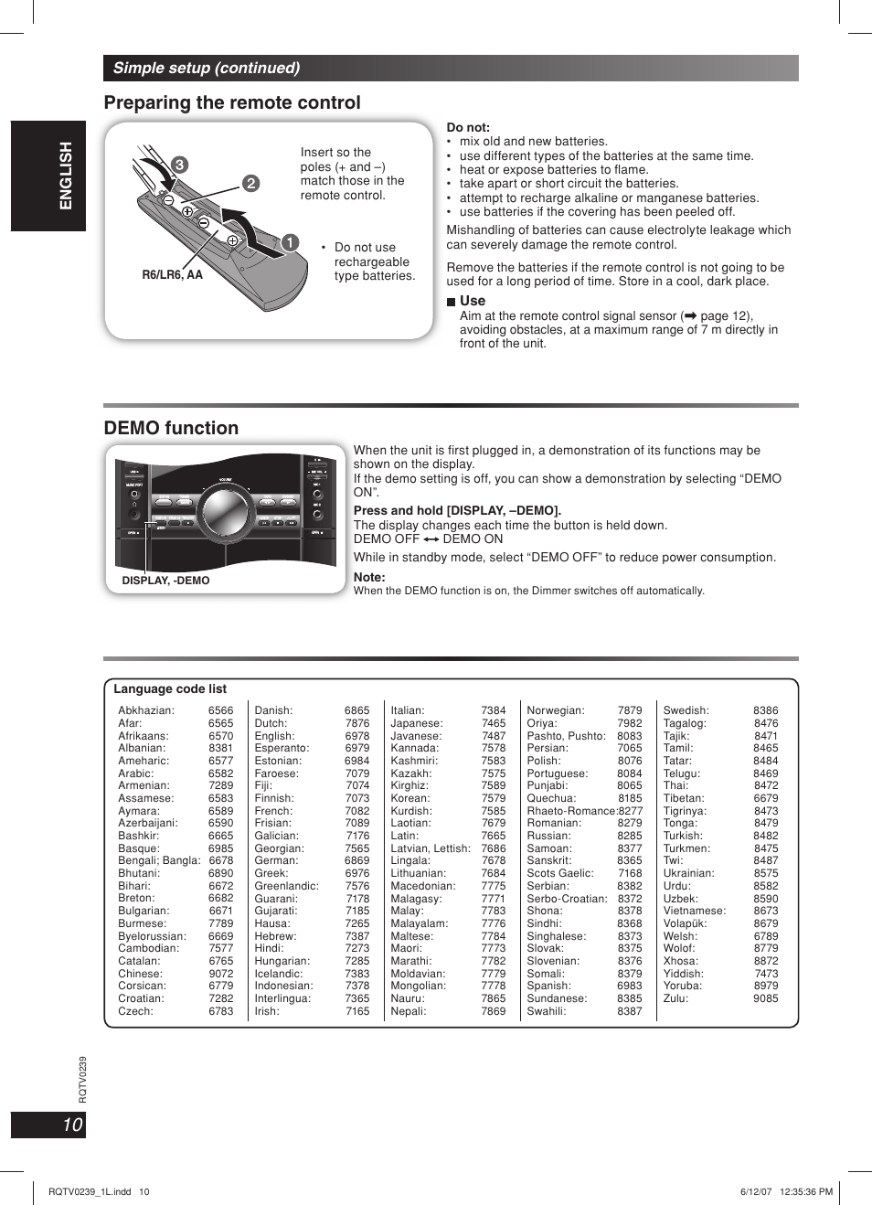 Preparing the remote control, Demo function | Panasonic SC-VK960 User Manual | Page 10 / 40
