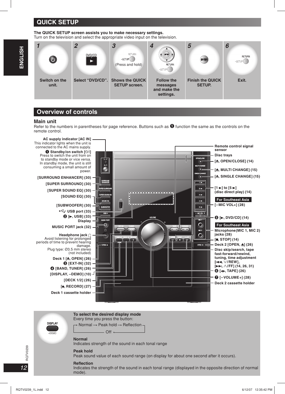 Overview of controls, Quick setup, Lang - 5 lang - 4 français dansk english | Main unit | Panasonic SC-VK960 User Manual | Page 12 / 40