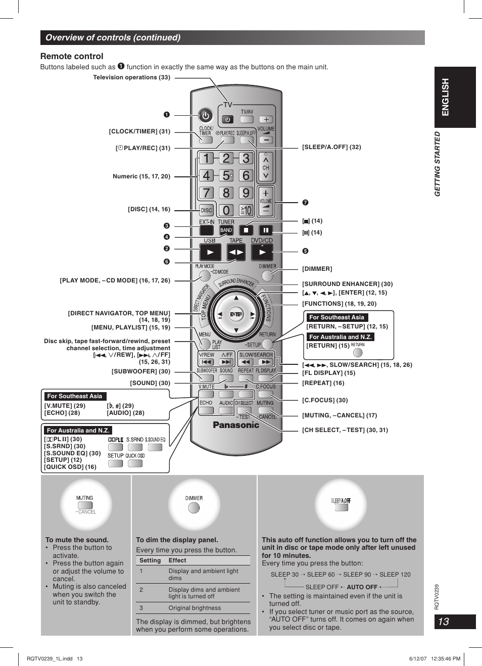 Lang - 5 lang - 4 français dansk english, Remote control, Overview of controls (continued) | Panasonic SC-VK960 User Manual | Page 13 / 40